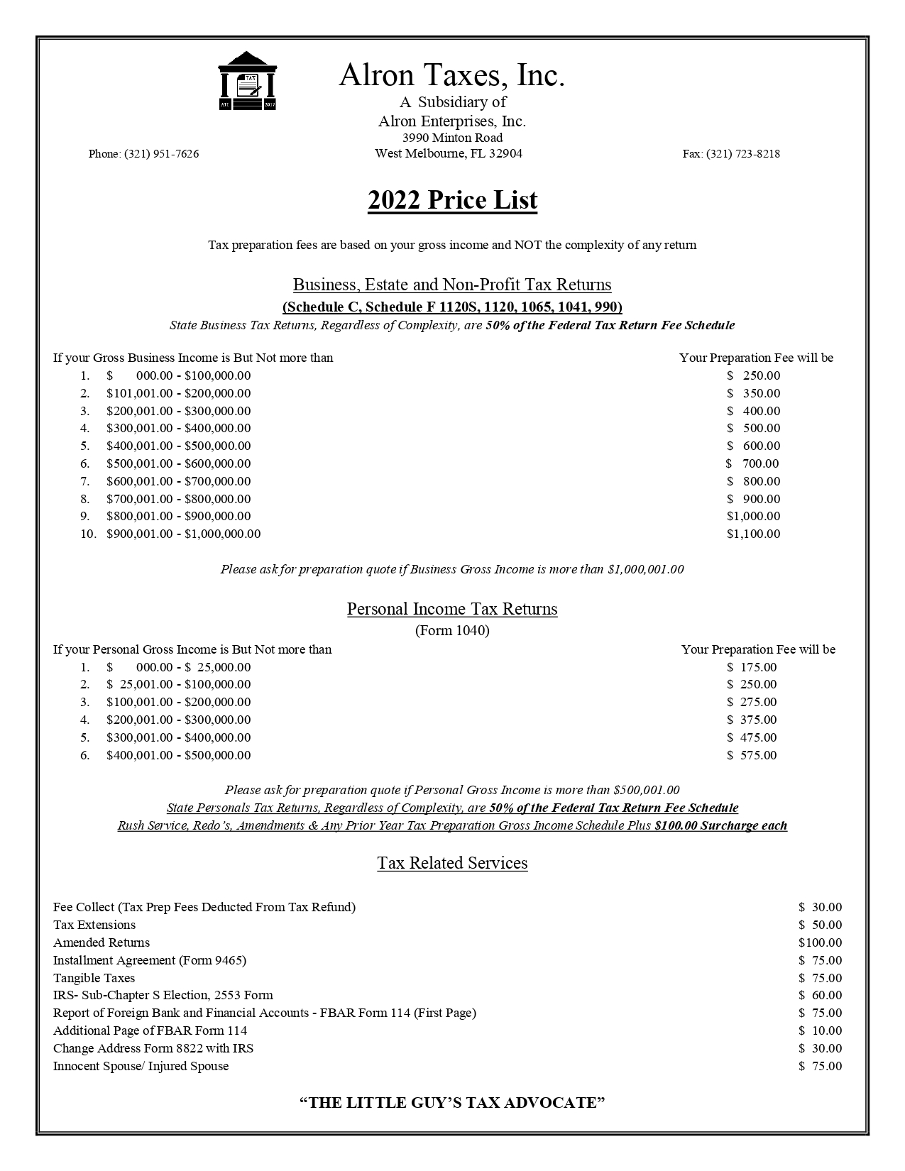 2022 – Price List Taxes_page-0001 | Alron Enterprises, Inc.