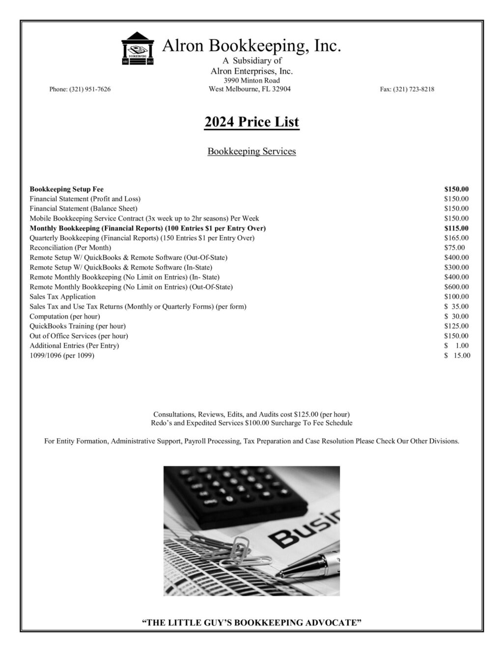 Alron Bookkeeping 2024 Price List Alron Enterprises, Inc.